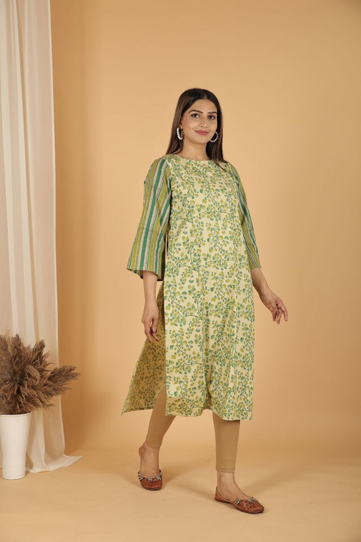 Green fern print kurta with stripe sleeves