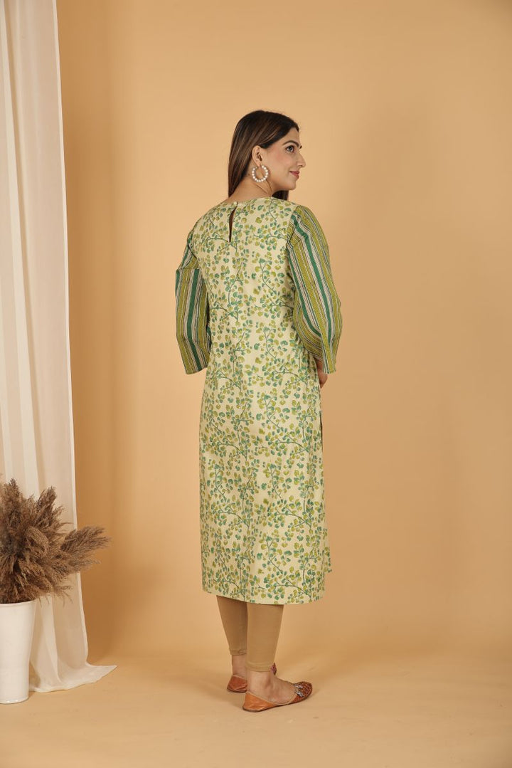 Green fern print kurta with stripe sleeves