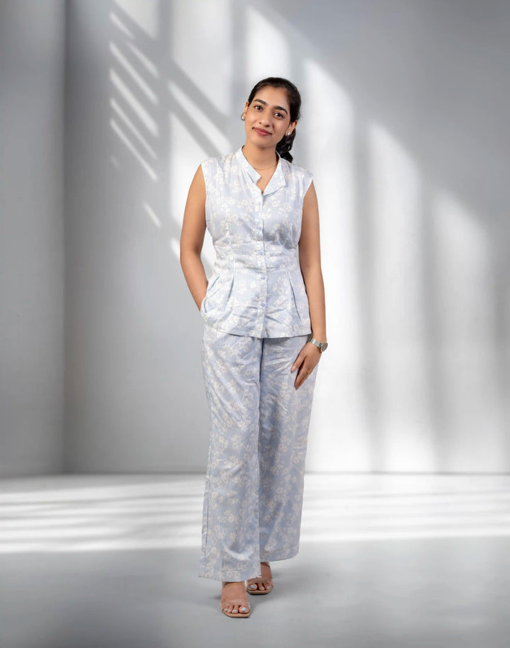 White & Blue Vertical Printed Co-ord Set