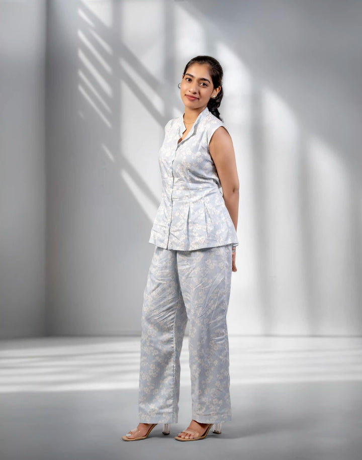 White & Blue Vertical Printed Co-ord Set