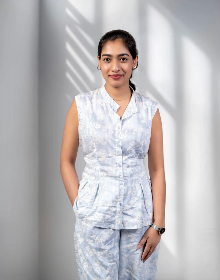 White & Blue Vertical Printed Co-ord Set