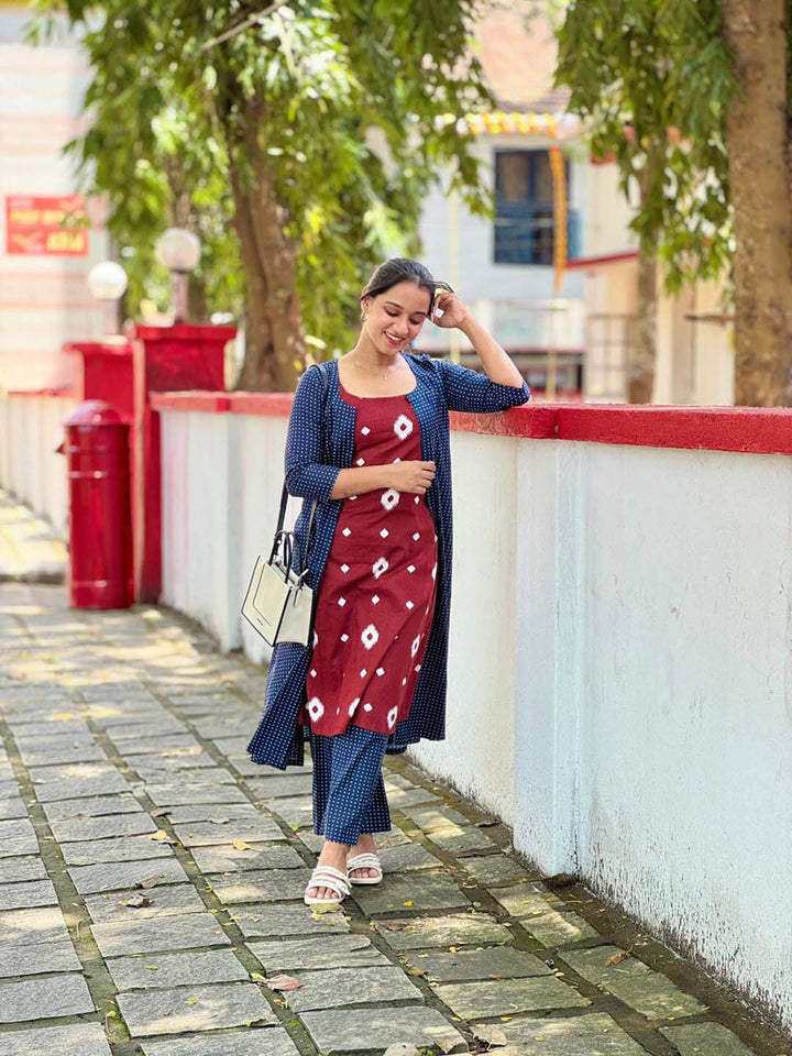 Blue Polka Shrug And Pant Set With Maroon Strap Sleeve Kurta