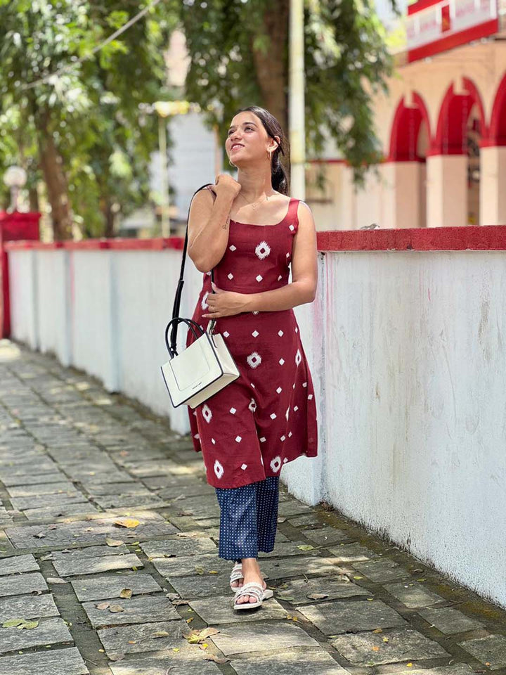 Blue Polka Shrug And Pant Set With Maroon Strap Sleeve Kurta