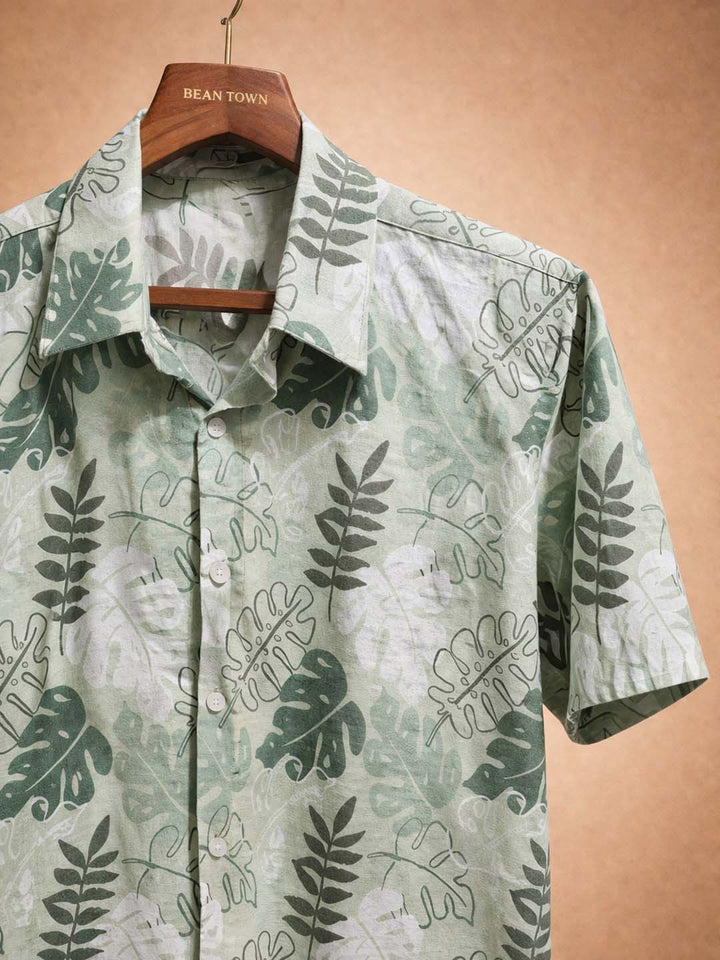 Green Leaf Print Shirt Collar Shirt