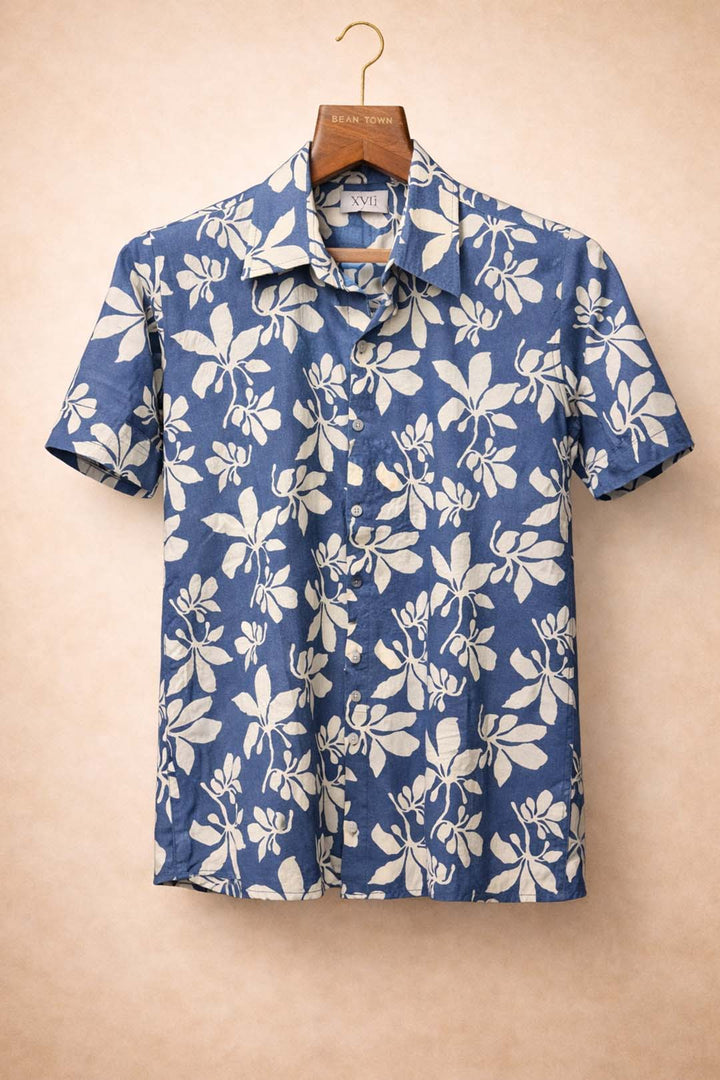 Blue With Solid White Floral Printed Shirt