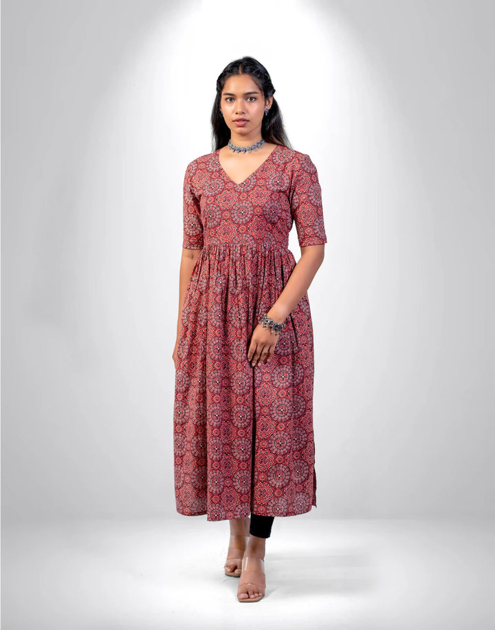 Maroon & Orange Block Printed Kurta