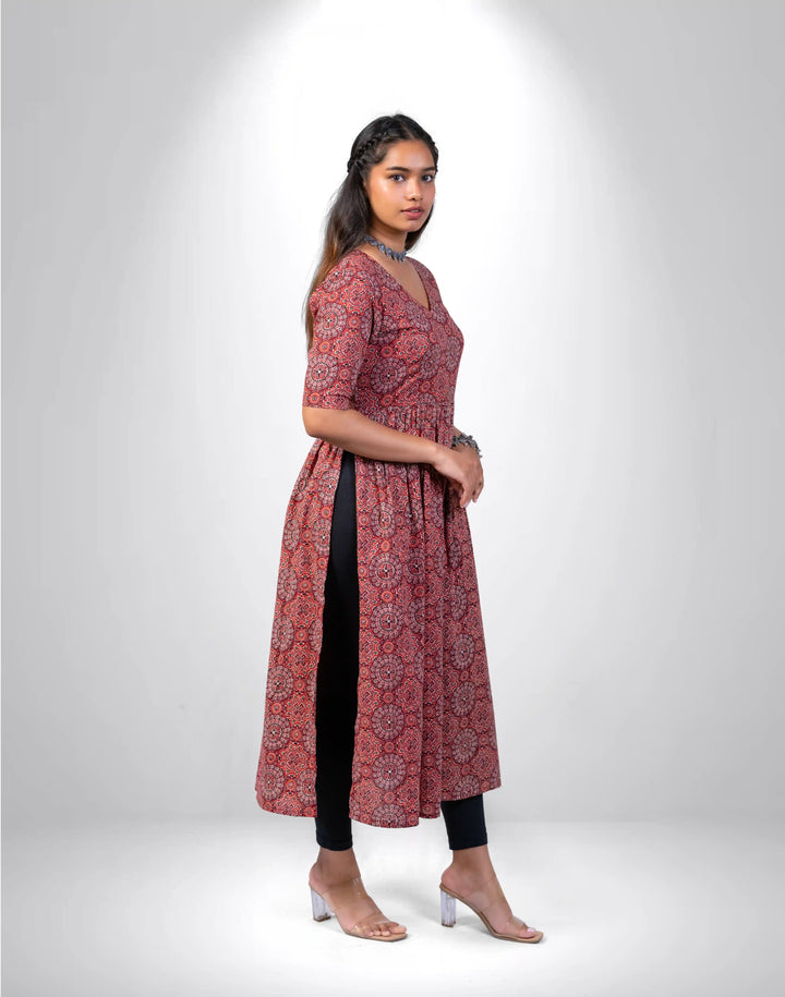 Maroon & Orange Block Printed Kurta