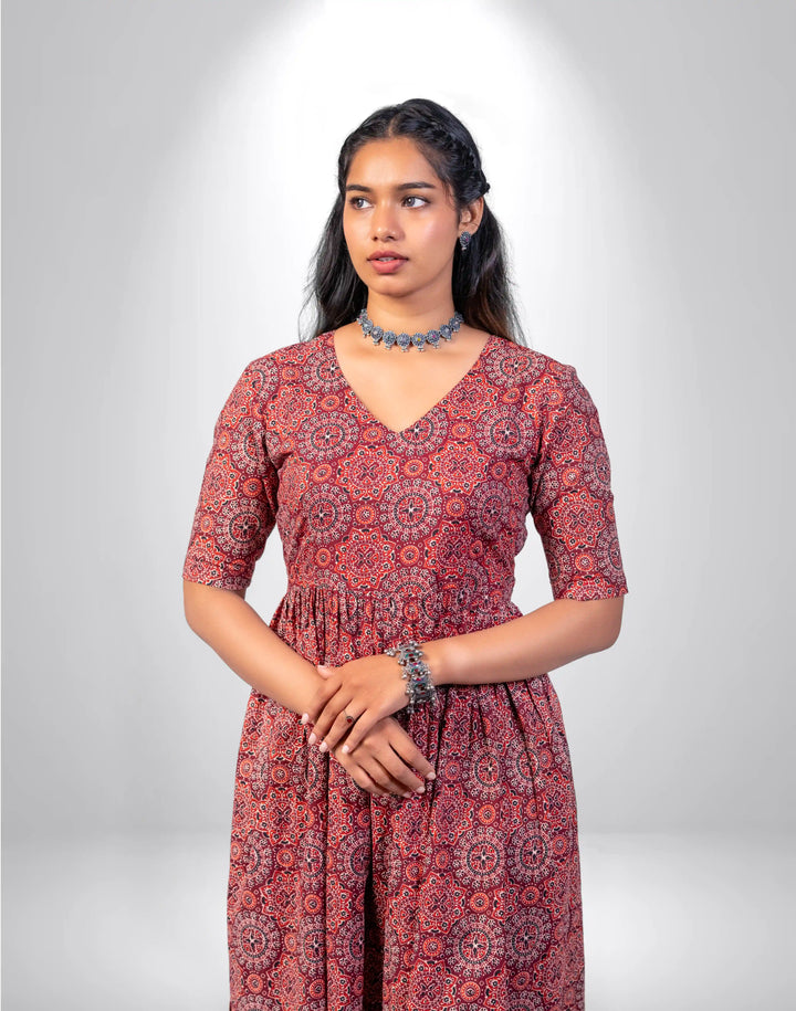 Maroon & Orange Block Printed Kurta