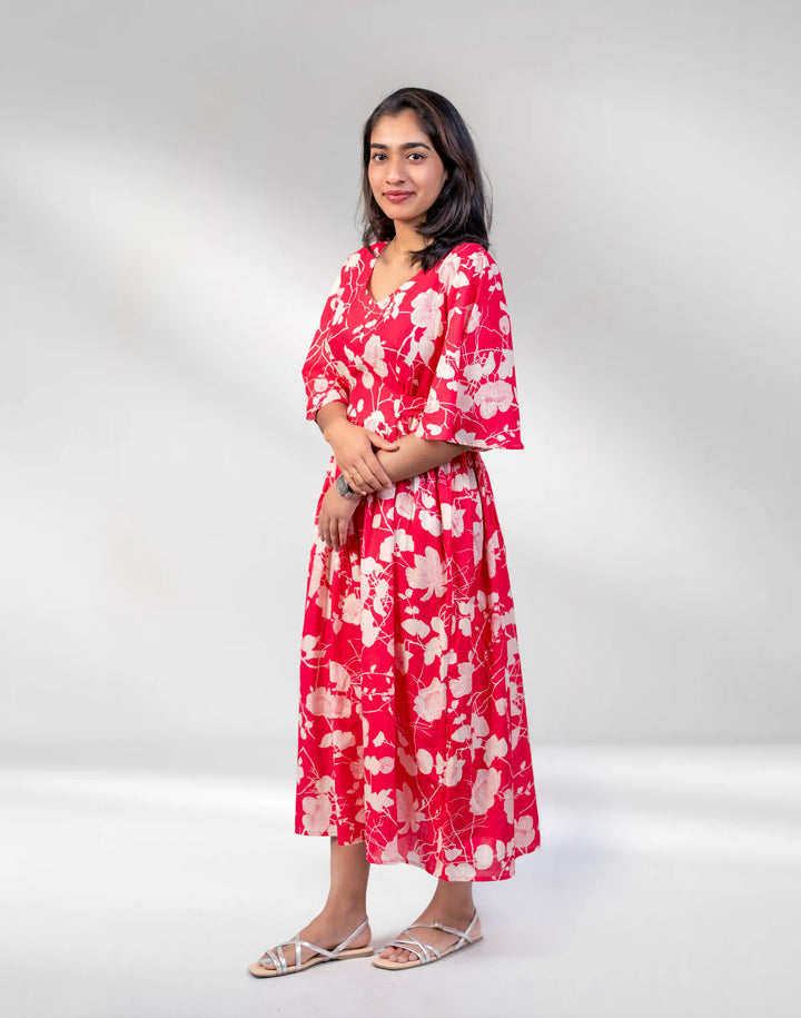 Bright pink flared sleeve dress