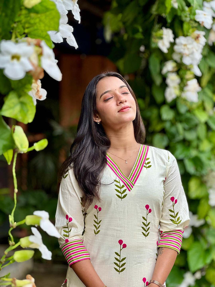 Cream Floral Kurta With Striped Pants