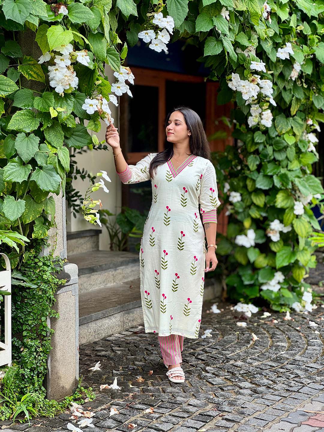 Cream Floral Kurta With Striped Pants