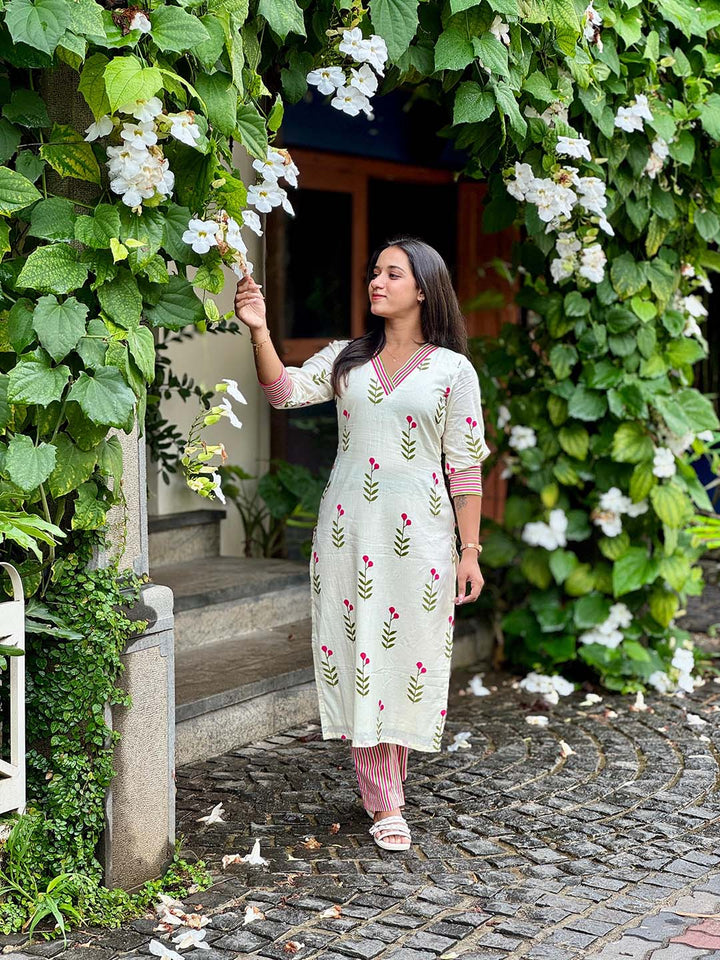 Cream Floral Kurta With Striped Pants