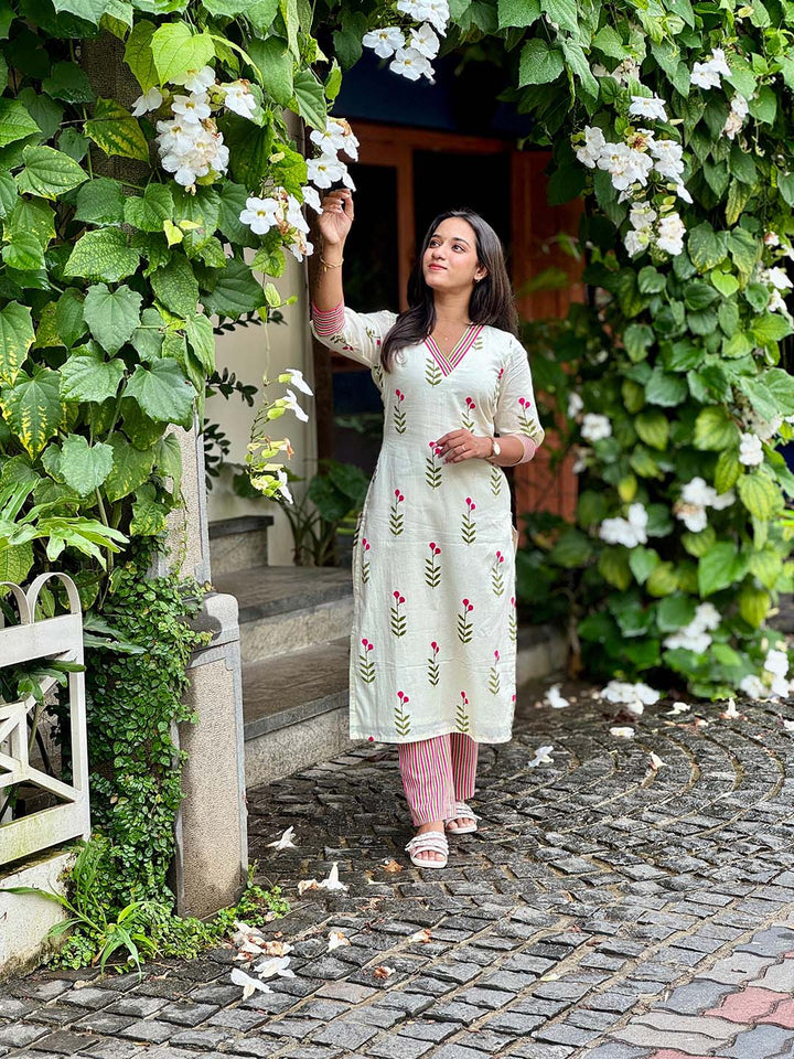 Cream Floral Kurta With Striped Pants