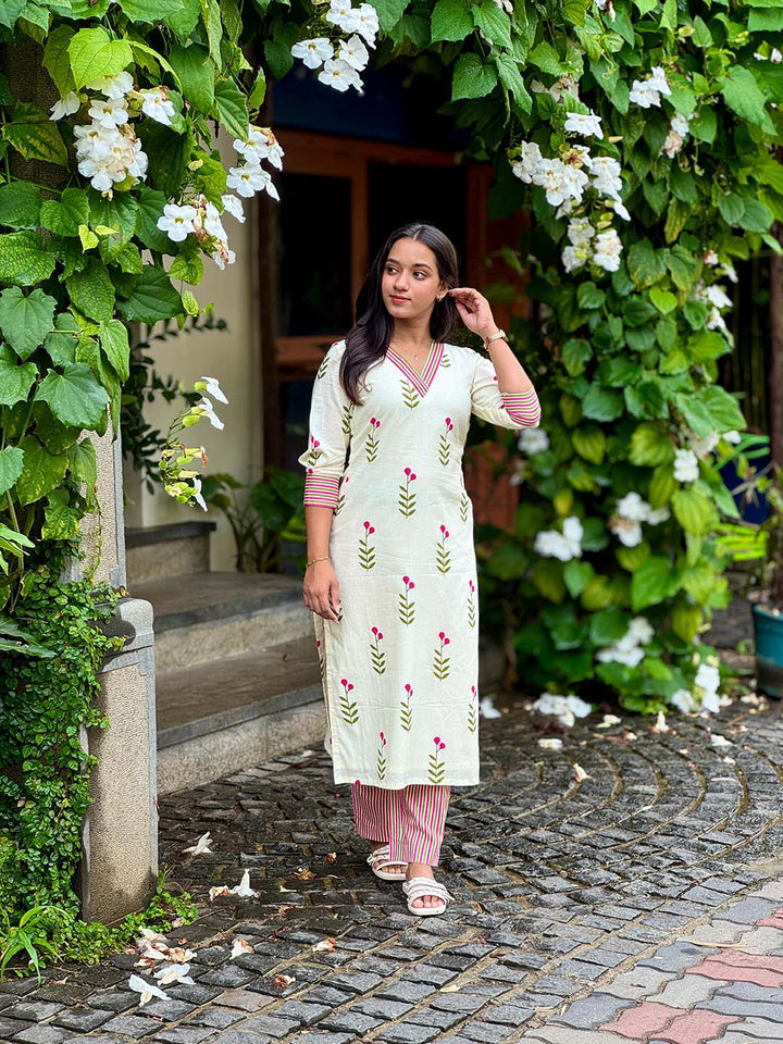 Cream Floral Kurta With Striped Pants