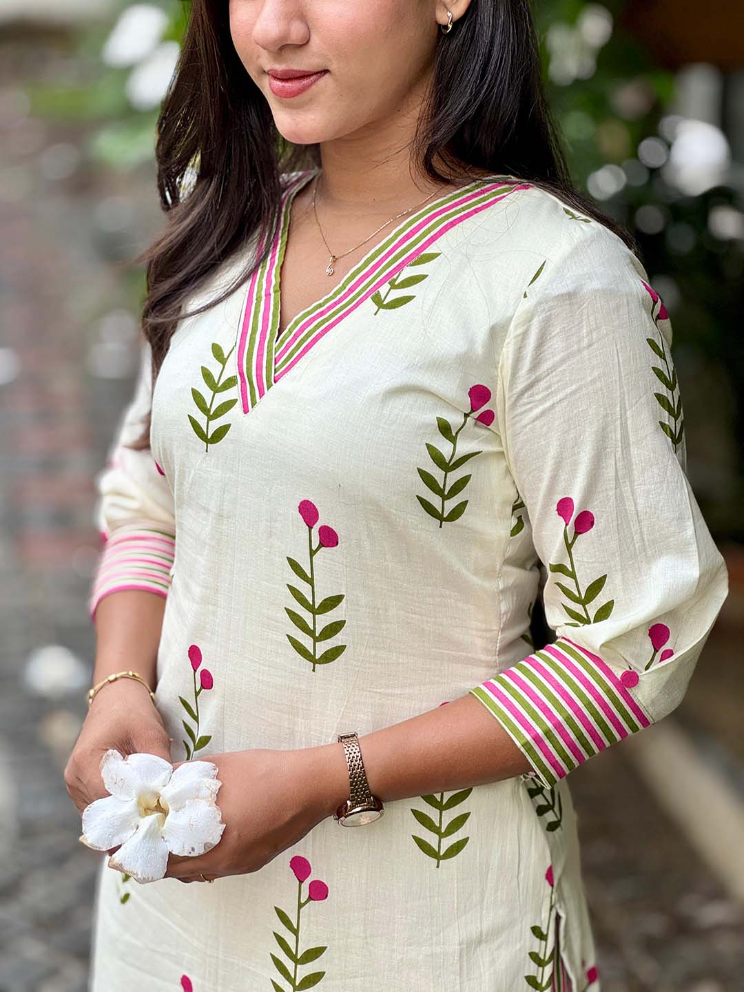 Cream Floral Kurta With Striped Pants