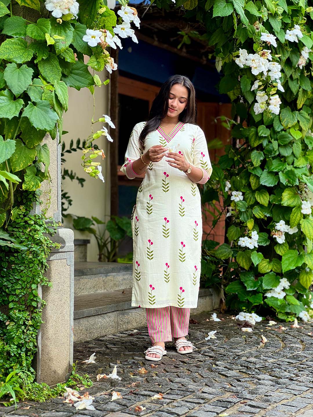 Cream Floral Kurta With Striped Pants