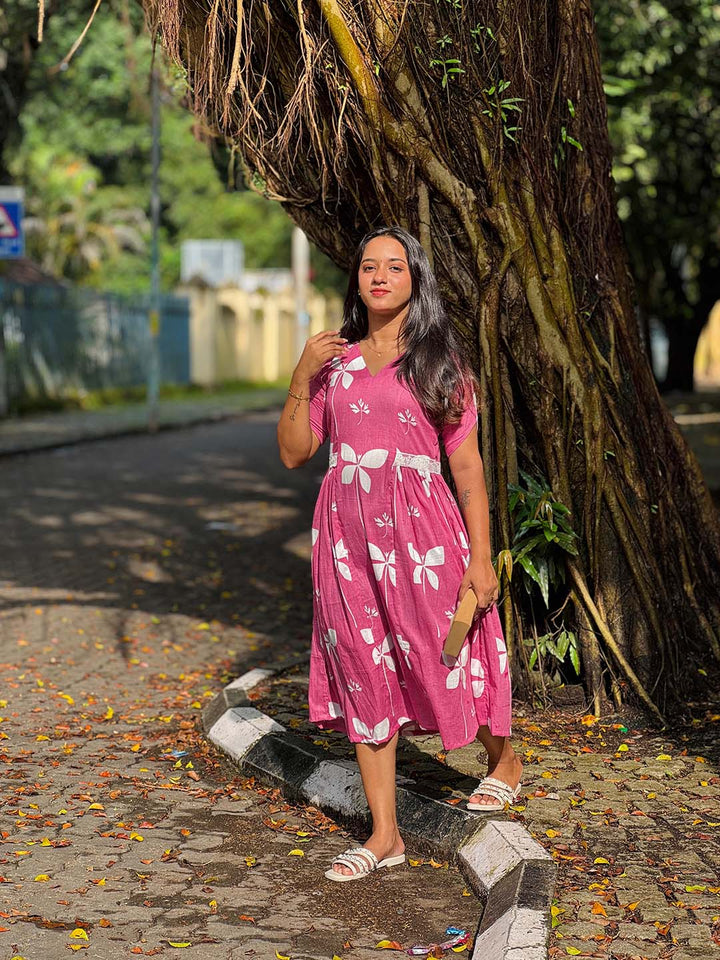 Pink Floral Cotton Dress with Side Gathers and Lace Detailing
