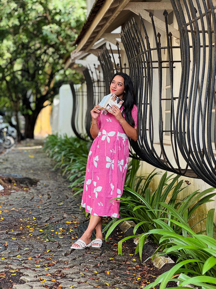 Pink Floral Cotton Dress with Side Gathers and Lace Detailing