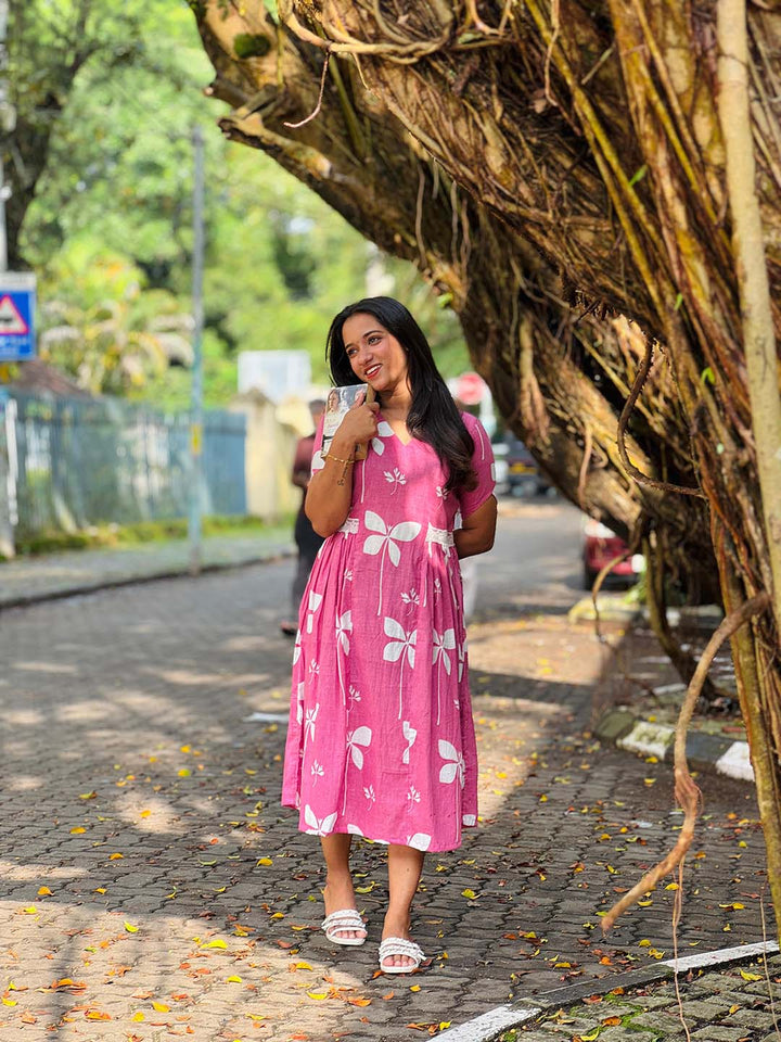 Pink Floral Cotton Dress with Side Gathers and Lace Detailing