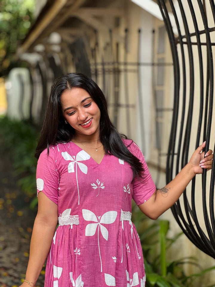 Pink Floral Cotton Dress with Side Gathers and Lace Detailing