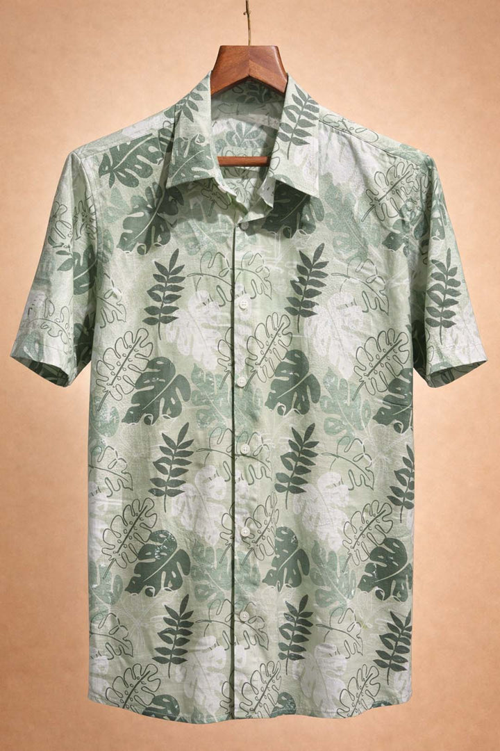 Green Leaf Print Shirt Collar Shirt