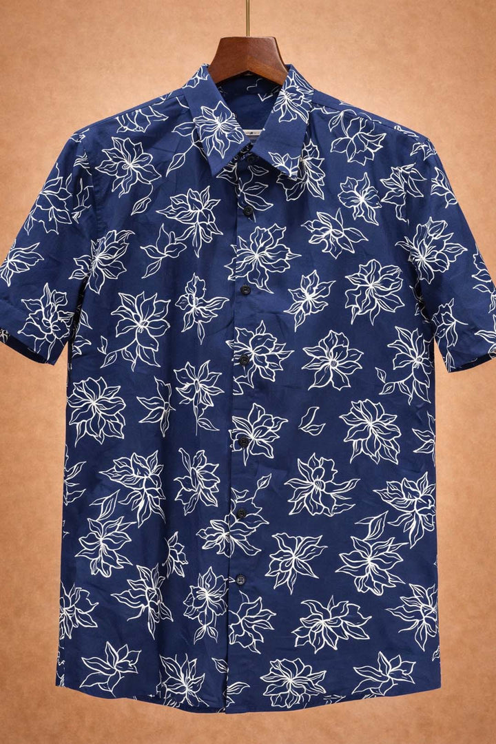 Blue With White Line Floral Print Shirt