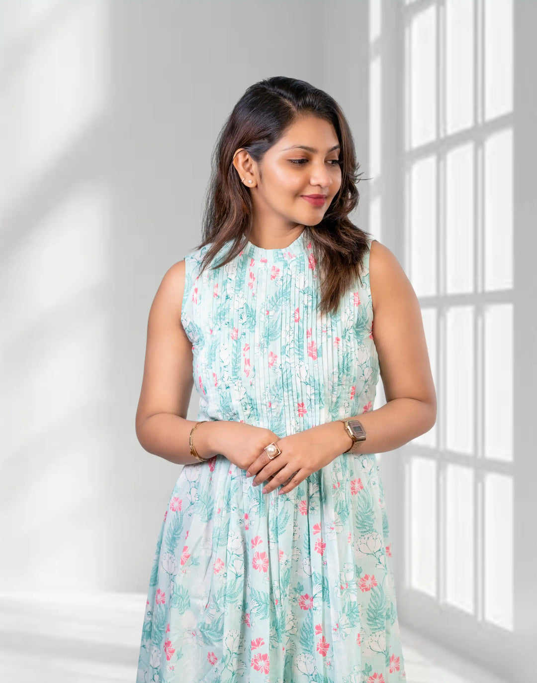Aqua green closed neck dress