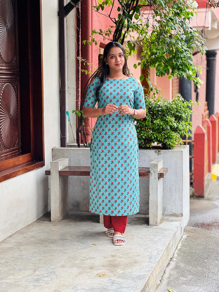 Cotton Light Blue Kurta With Brick Red Polka Palazzo