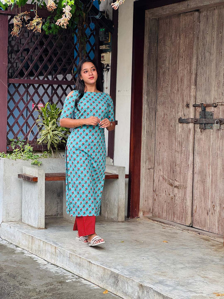 Cotton Light Blue Kurta With Brick Red Polka Palazzo