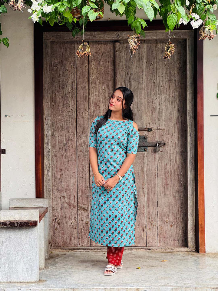 Cotton Light Blue Kurta With Brick Red Polka Palazzo