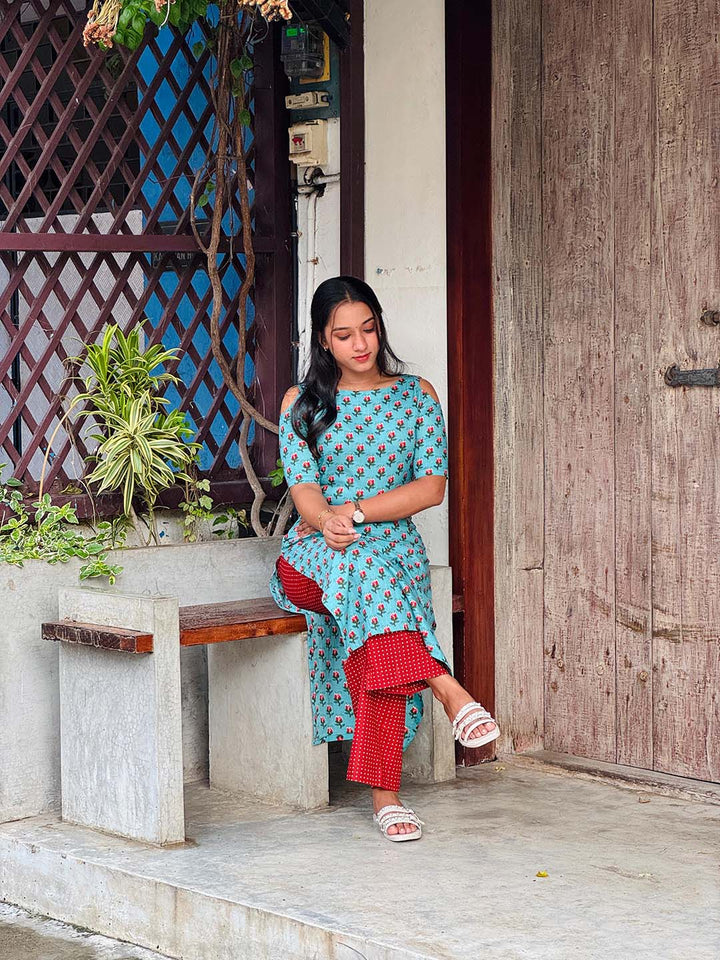 Cotton Light Blue Kurta With Brick Red Polka Palazzo