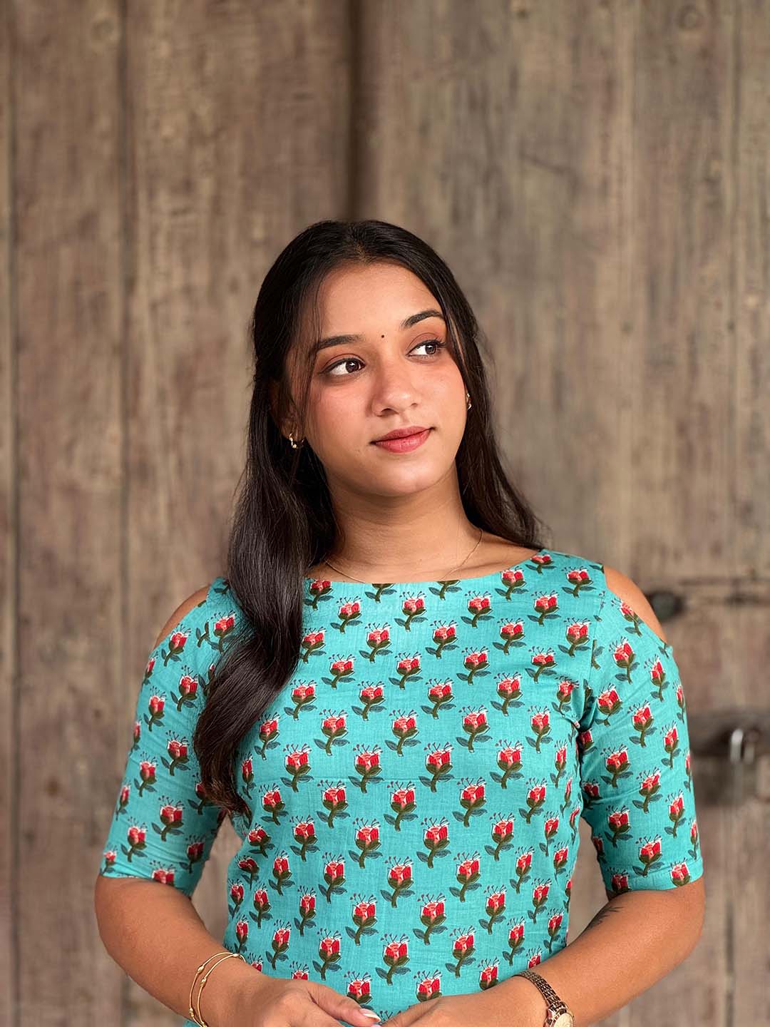 Cotton Light Blue Kurta With Brick Red Polka Palazzo