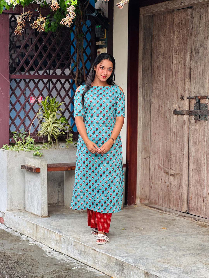 Cotton Light Blue Kurta With Brick Red Polka Palazzo