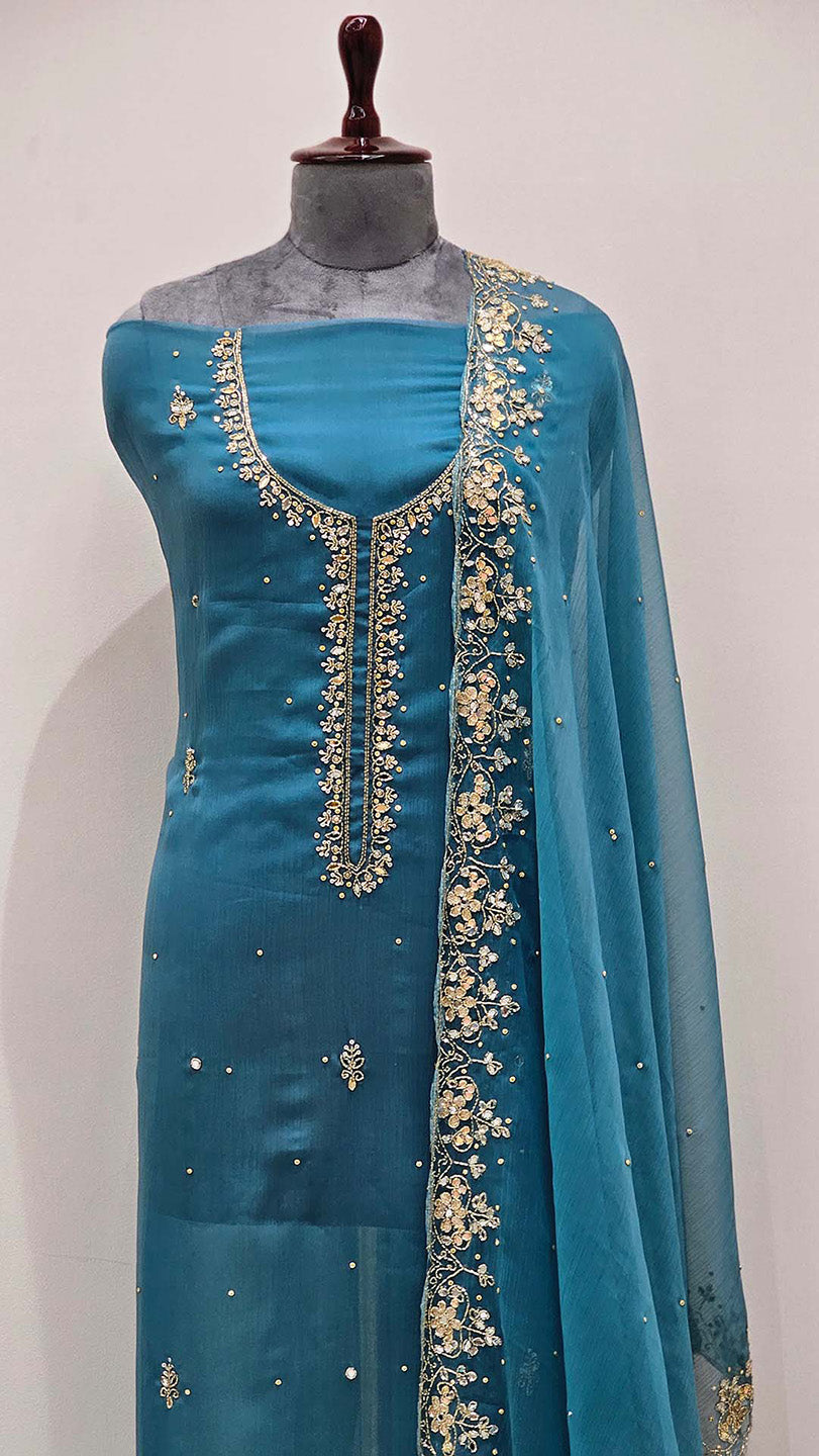 Teal Hand Embroidered Material