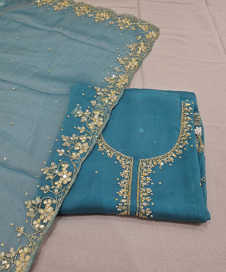 Teal Hand Embroidered Material