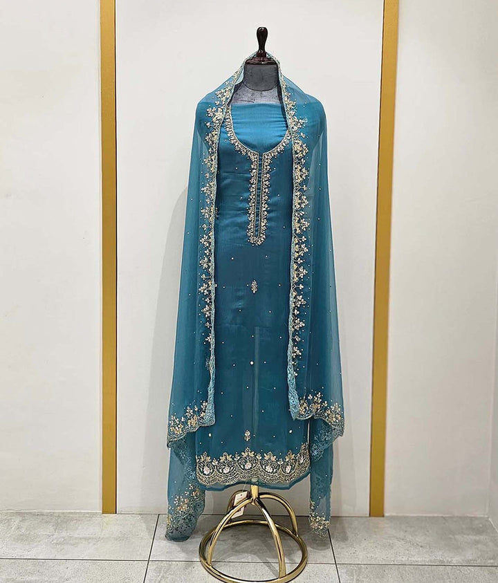 Teal Hand Embroidered Material