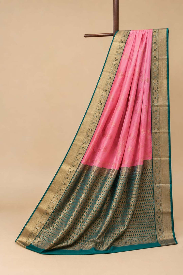 Pink Semi Silk Saree With Green Border