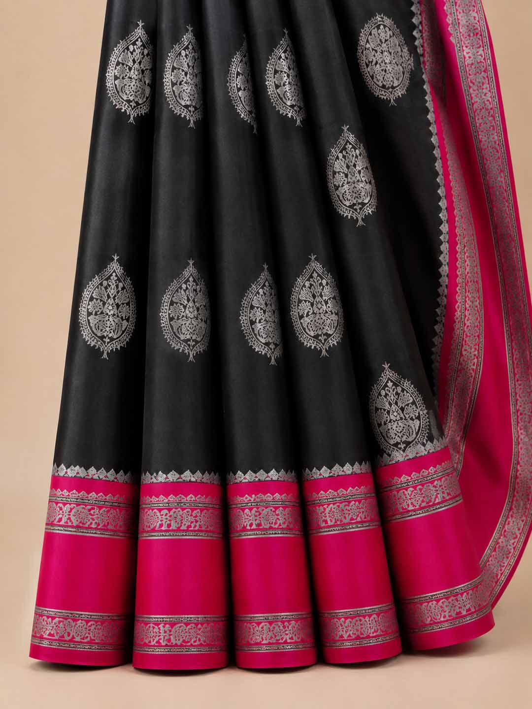 Black Semi Kanchivaram With Pink Border Saree