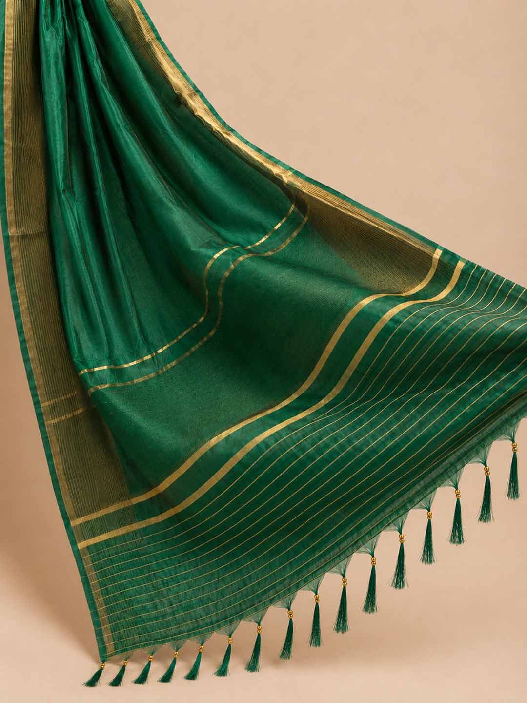 Emerald Green Semi Kanchivaram Saree With River And Temple Border