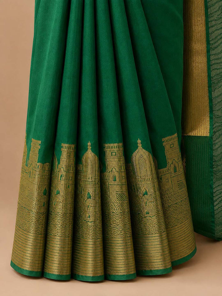 Emerald Green Semi Kanchivaram Saree With River And Temple Border