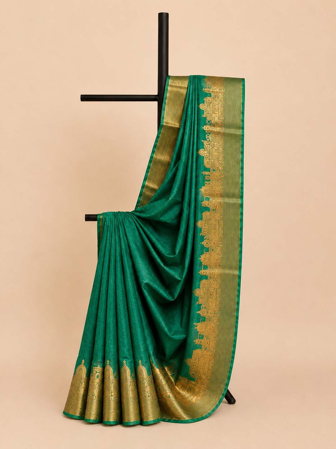 Emerald Green Semi Kanchivaram Saree With River And Temple Border