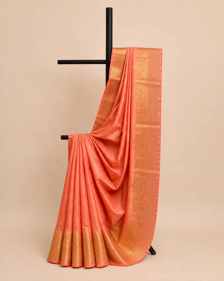 Orange Semi Kanchivaram Saree With River And Temple Border