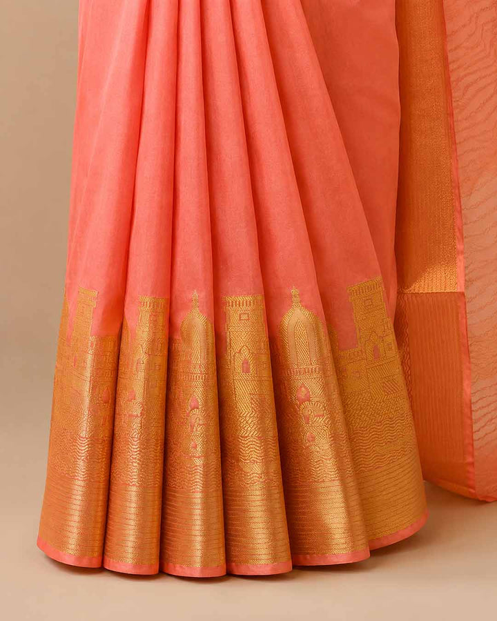 Orange Semi Kanchivaram Saree With River And Temple Border