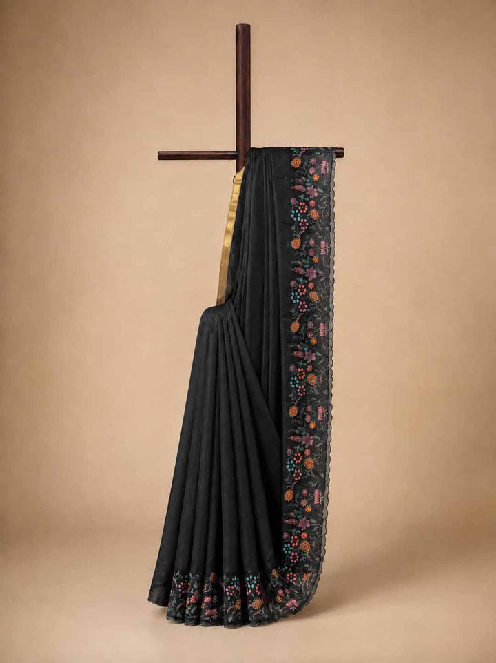 Black Saree With Floral Border