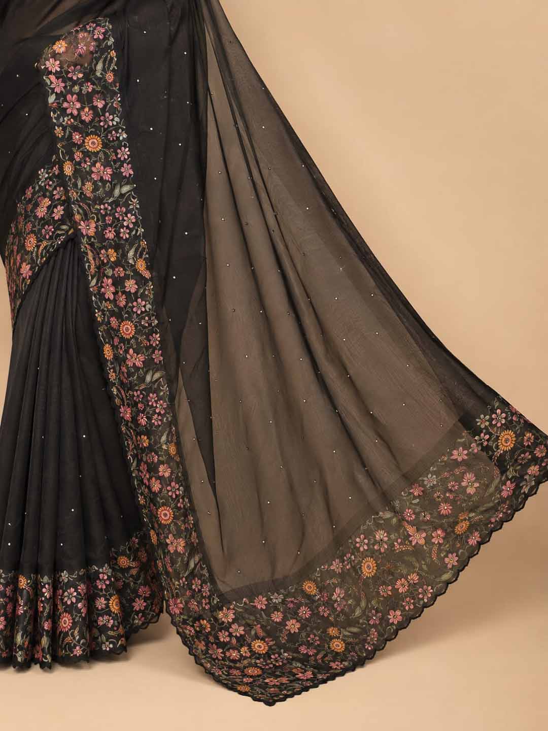 Black Saree With Floral Border
