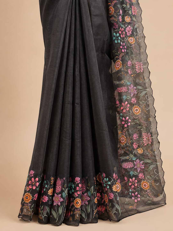 Black Saree With Floral Border