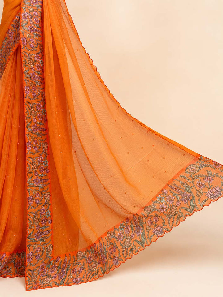 Orange Saree With Floral Border