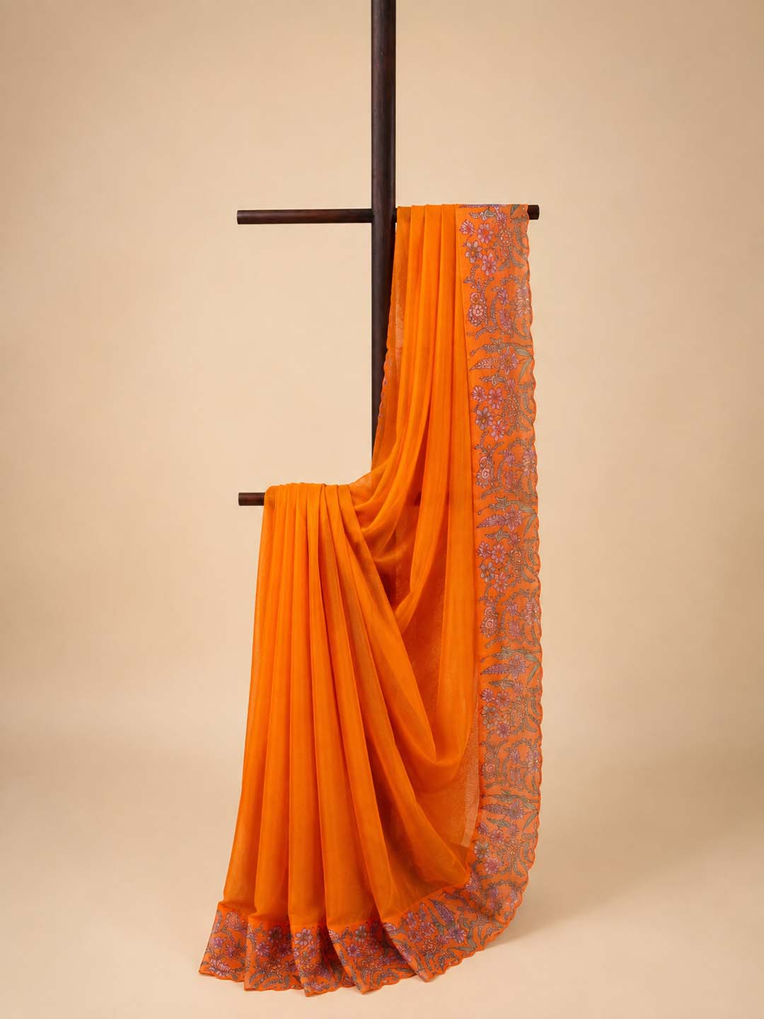 Orange Saree With Floral Border