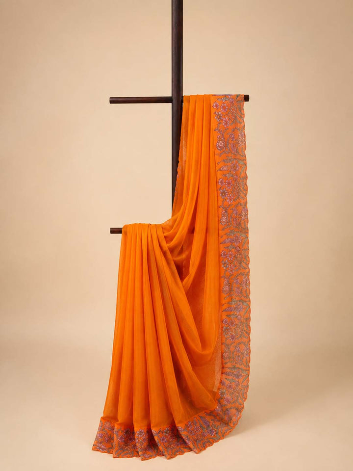 Orange Saree With Floral Border