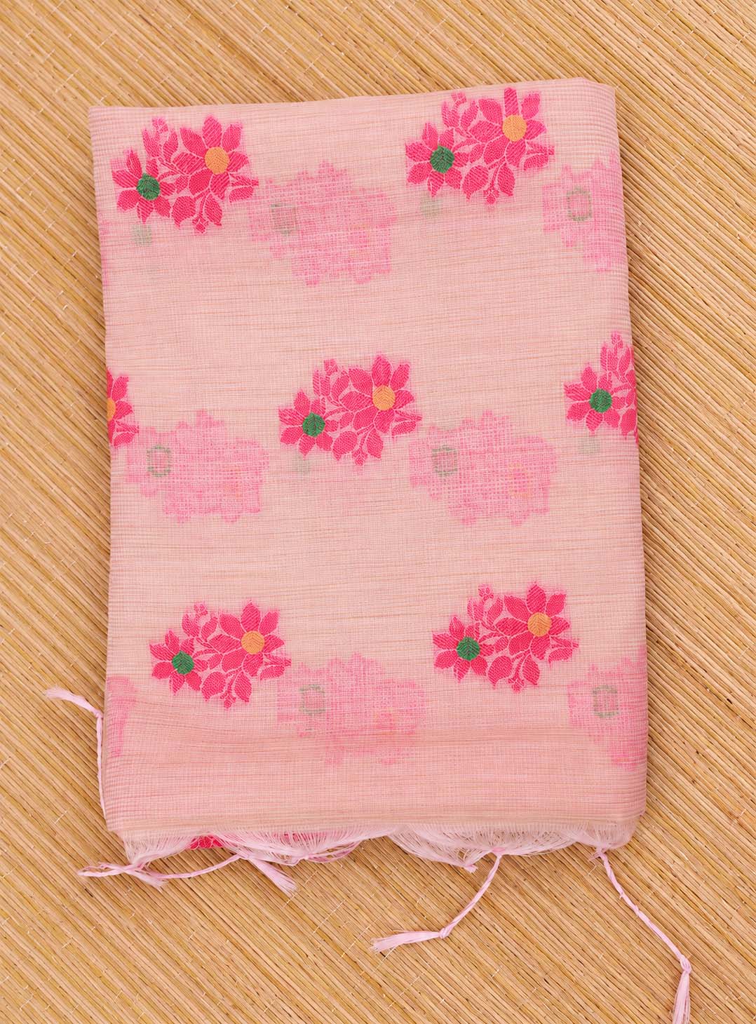 Beige Kota Saree With Pink Floral Border